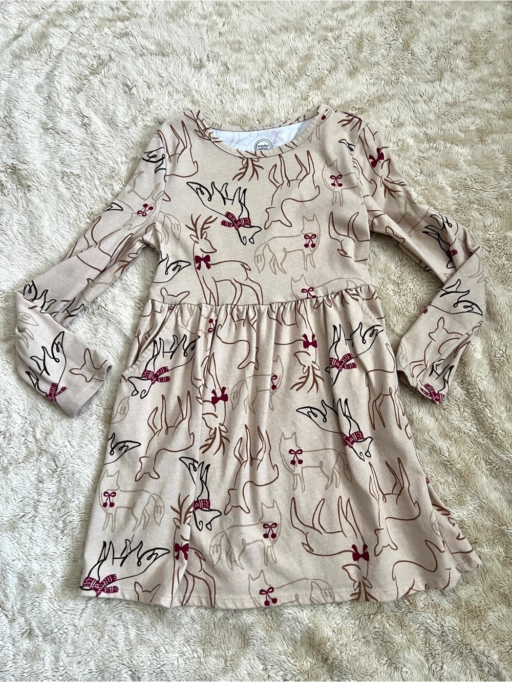 WONDER NATION Girl's Cream & Brown Deer Wolf Print Dress Size 6